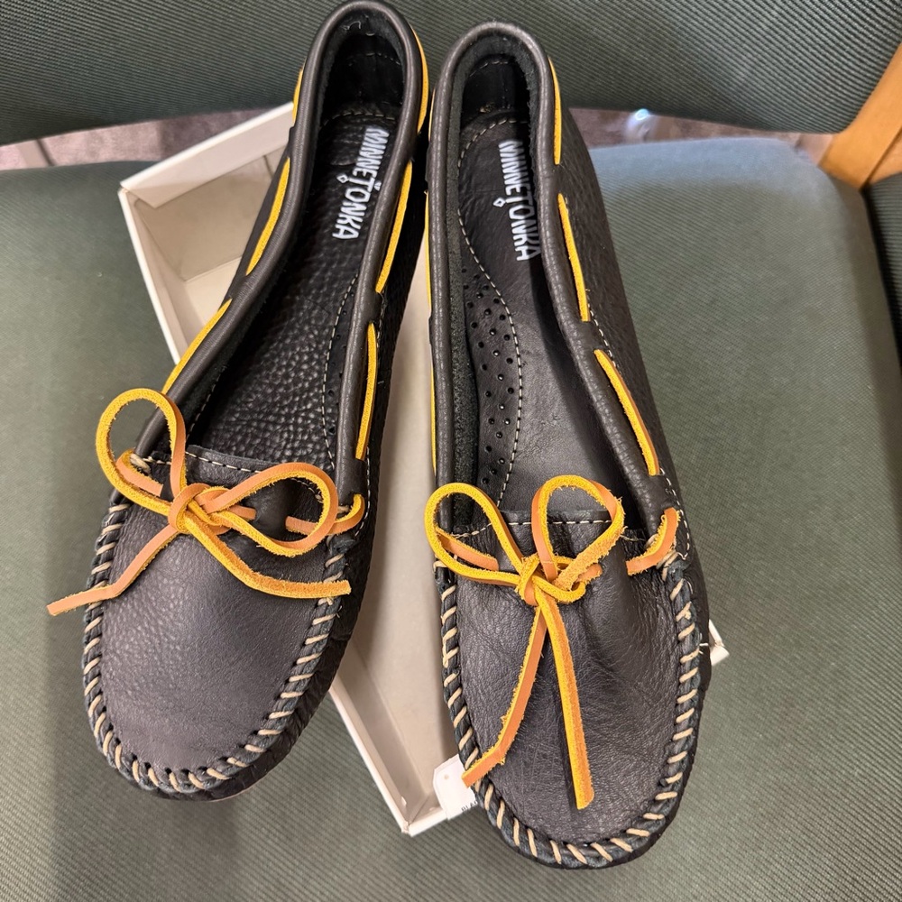 Minnetonka Black Boar Moccasins with Mustard Laces